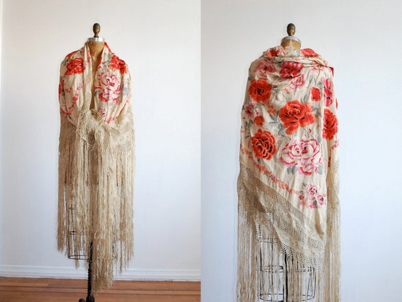 Antique Embroidered Paino Shawl Image of an antique silken shawl in the Edwardian and Victorian fashion