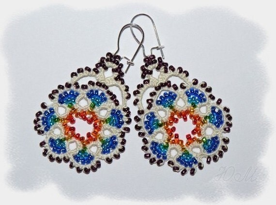 Rainbow Flowers - tatted lace earrings with beading