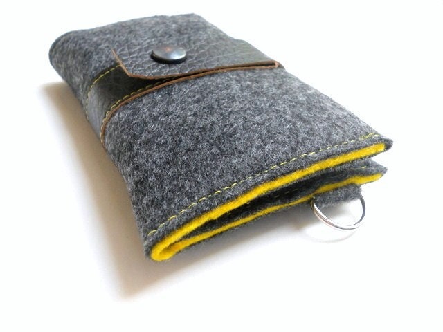 Cell phone Case Wallet in dark gray and yellow eco wool and brown vegan leather with Wrist Strap