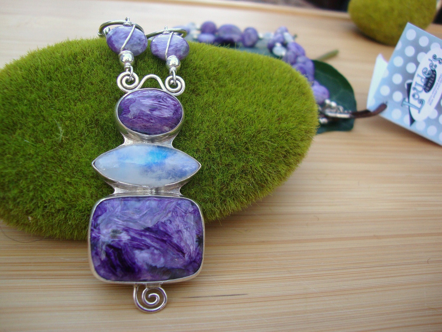 Charoite And Rainbow Moonstone Pendant Necklace Preview 1