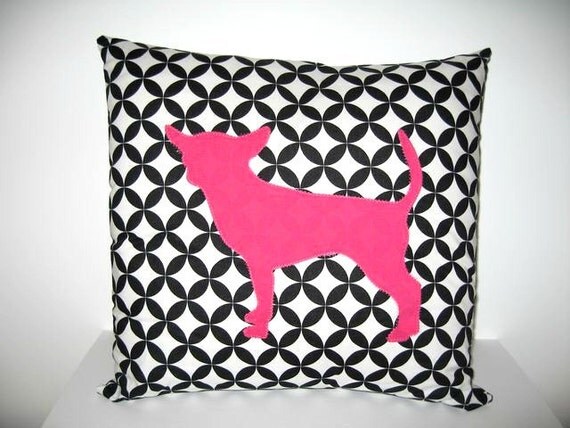 Etsy Cyber Monday-Chihuahua Accent Pillow-Mod Black and White Circles with Hot Pink Chihuahua