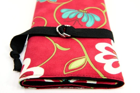 SHORT dpn or circular Knitting Needle Organizer Case - Artful in Red - 24 black pockets