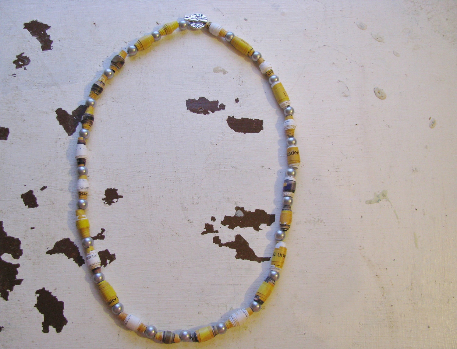 Paper Bead Necklace, Yellow, White, Gray, Silver, Mustard Yellow, Black, Handmade Paper Beads, Paper Bead Jewelry, Recycled, Upcycled