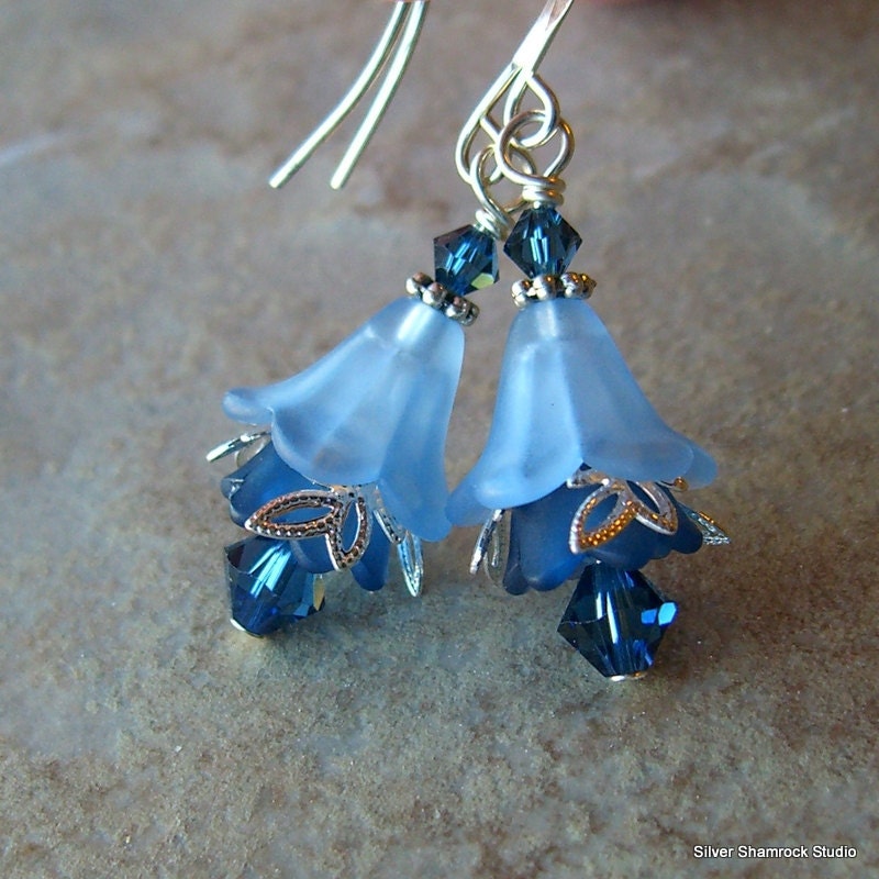 Saphire and Cobalt Blue Flower Earrings, Lucite Flower Jewelry