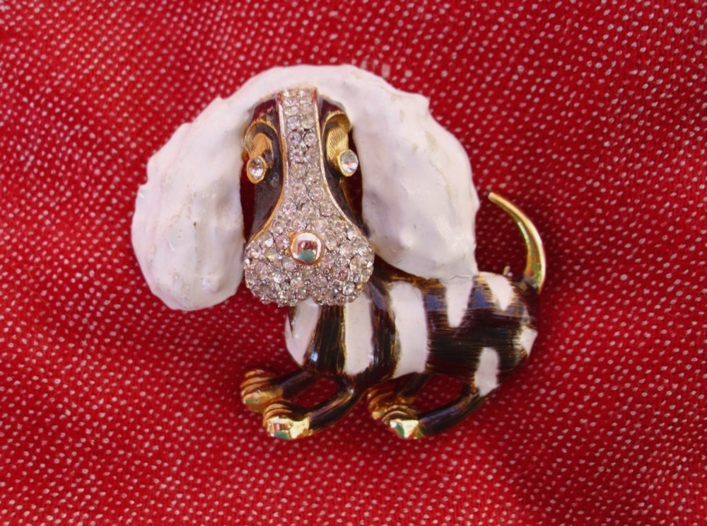 Vintage Dog Brooch, Black and White Enamel Striped Dog, for wearing, or for altered jewelry