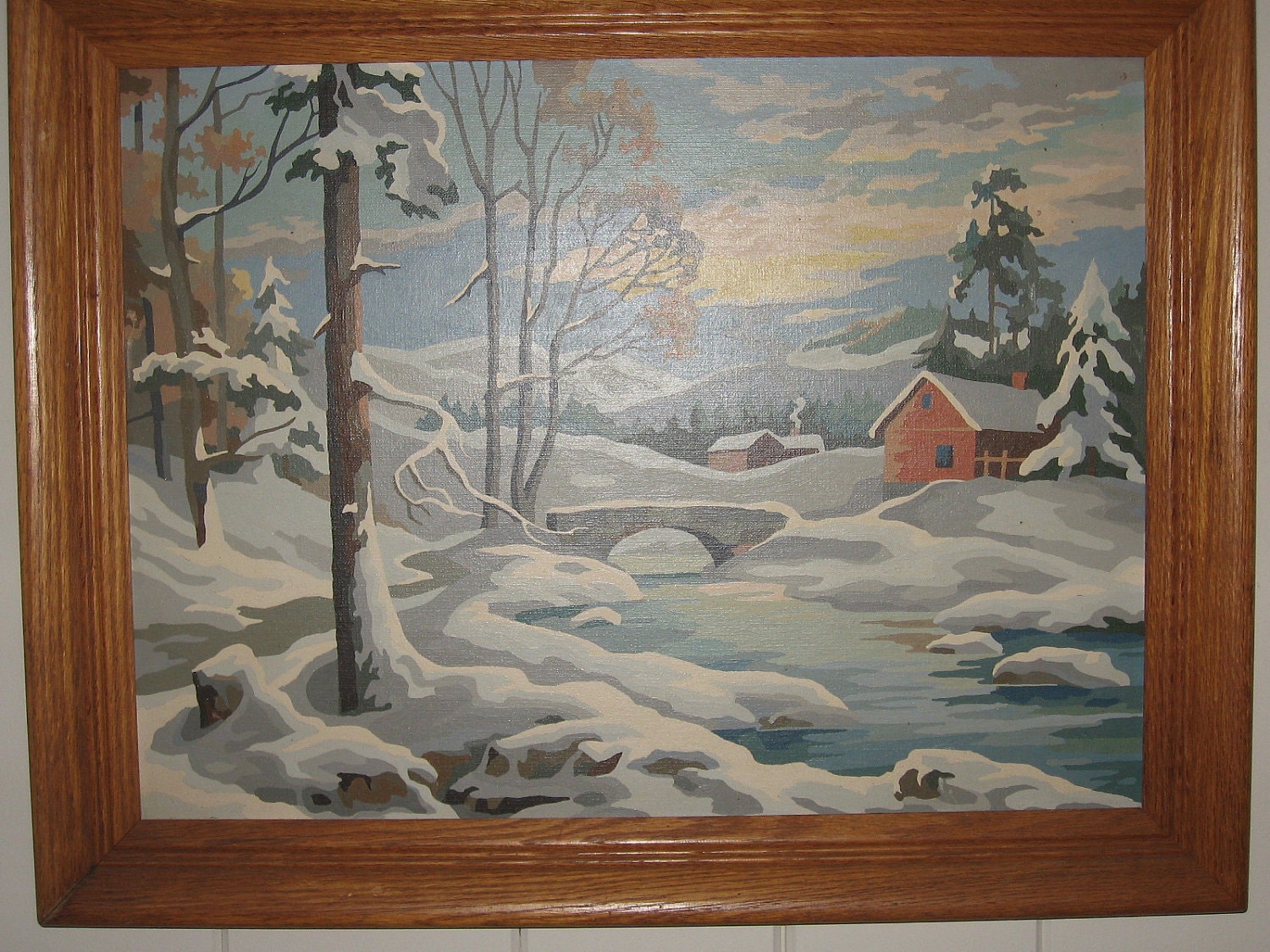 Large Vintage Paint by Numbers Winter Scene with Cabin, New England, Oak Frame 1960's