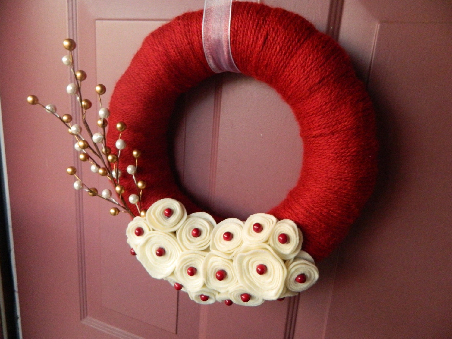 Red Yarn Wrapped Wreath with Cream Felt Flowers and Cranberry Accents
