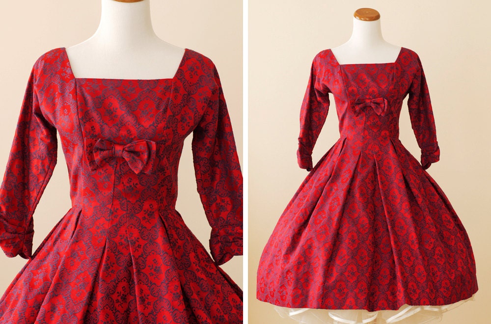 Vintage 1950s Red & Blue Brocade Full Circle Party Dress // The Regency, Treasury Item
