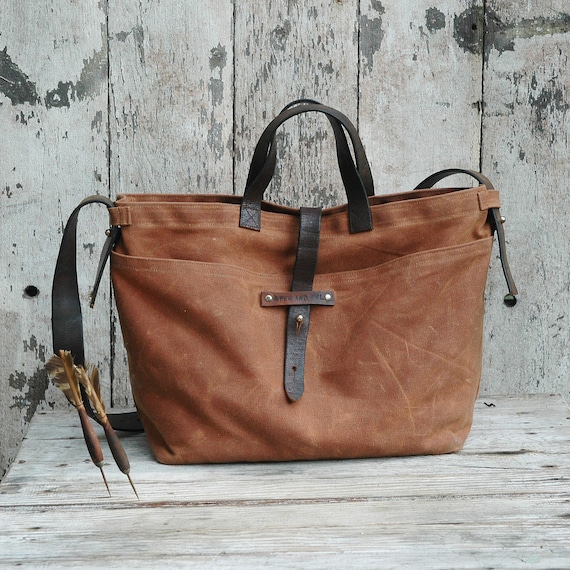 Waxed Canvas Tote: Autumn Spice, antique military leather, homespun fabric.