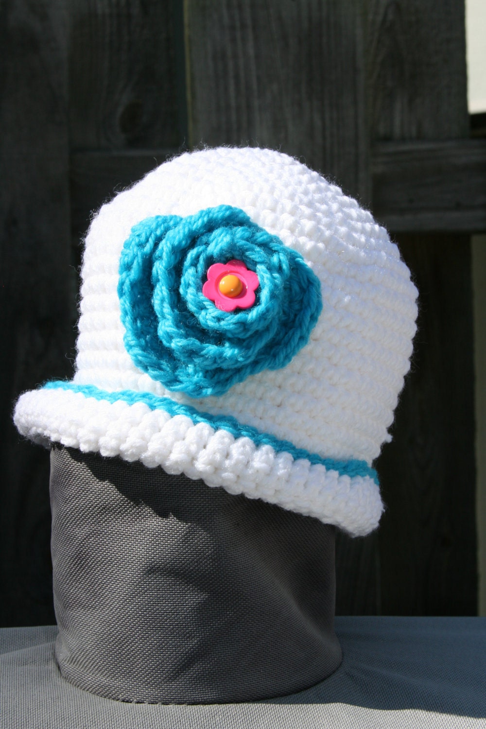 Flower Hat beanie for baby girl 3-6 months white with teal green and pink accent flower rose
