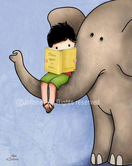 Boys room, elephant wall art, nursery room decor, kids art prints, blue print books reading art decor children housewares