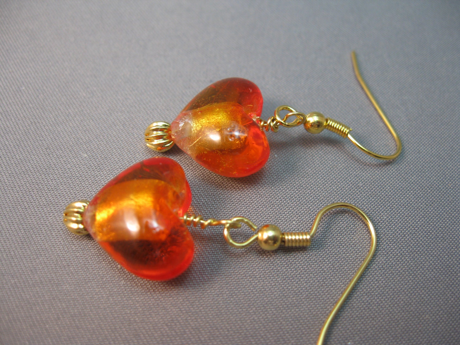 Glowing Orange Hearts Lampwork Glass Bead Earrings