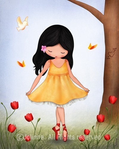 Art for girls room Nursery illustration children's room decor girl dancing in the garden butterflies and poppies, nursery art prints
