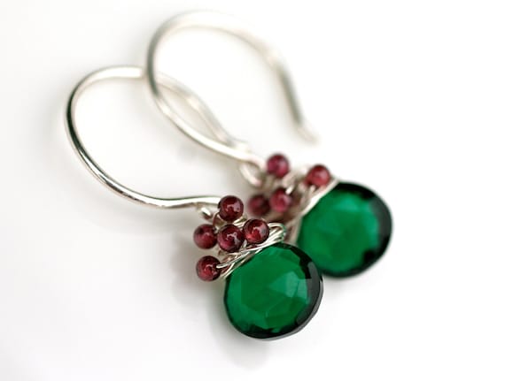 Christmas Tree Earrings Dark Green Quartz and Red Garnet Silver Filled Wire
