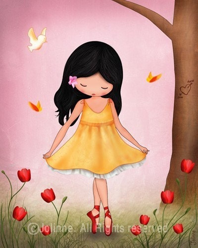 Girls art prints room decor wall art , children housewares , dancing girl in the forest poster, happy colorful picture for kids room