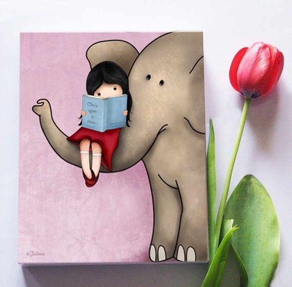 Kids room decor nursery wall art children room picture - girl reading a book on an elephant, canvas wall art kids