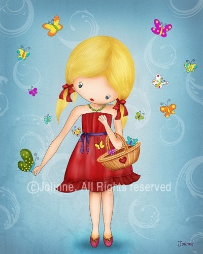 Art print for girls room, children wall art, nursery print, illustration girl with butterflies, turquoise room art ,children spring