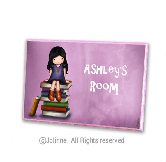 Girl on books purple personalized children door plaque sign, ready to hang, kids art decor, baby room custom sign