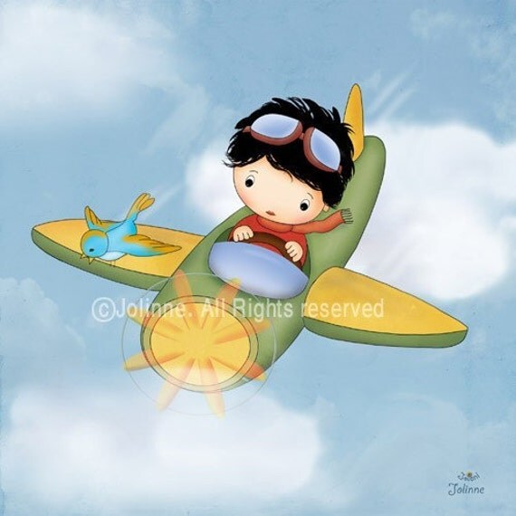 Boys wall art, nursery decor, kids room art, boy, airplane,  SQUARE Original illustration art print, bird