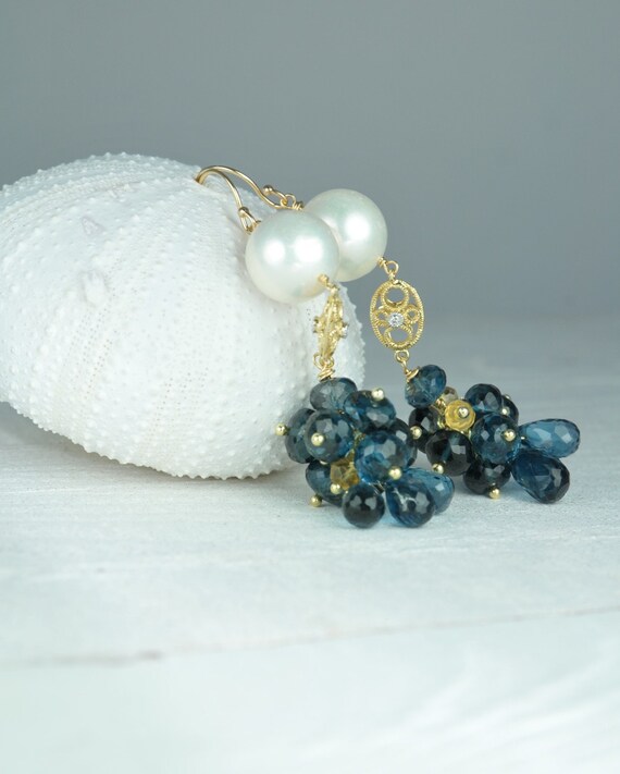Jewelry, Earrings, London blue Topaz, Diamond, Blue Earrings, Stunning, Bridal Jewelry,, something blue,   Diamond,   Pearl earrings