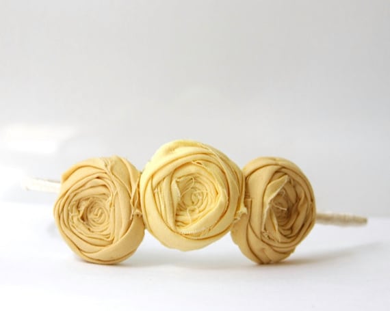 RESERVED Rosette Headband Bamboo Mustard Yellow and Sunshine Yellow Trio Flower Ribbon Wrapped Headband