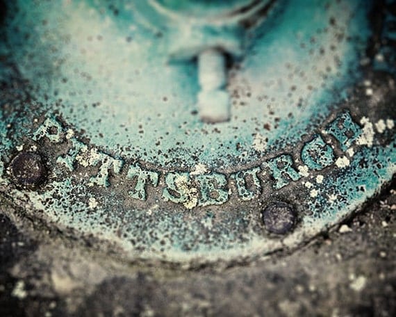 Pittsburgh art. Teal grey charcoal patina vintage iron. Travel art photograph, pennsylvania, steelers. Aqua blue turquoise. Unisex gifts.