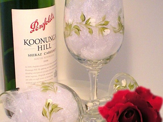 Painted Glasses  - Wine Claret Beverage - Hand Painted Ivory White Rose Buds and Fresh Green Leaves - Set of 4