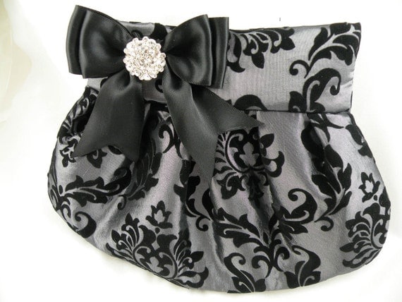 Pleated Clutch- Weddings--Smoke Silver Taffeta with Flocked Black Velveteen Damask ACANTHUS Print with Black Satin Bow and Crystal