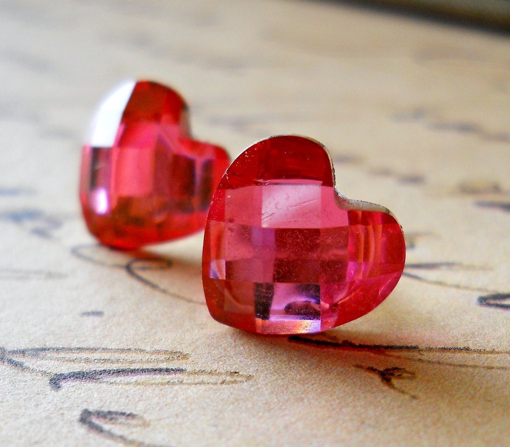 Heart Earrings, Crystal Studs, Valentine, Pink Hearts Sparkling Crystals, 10mm