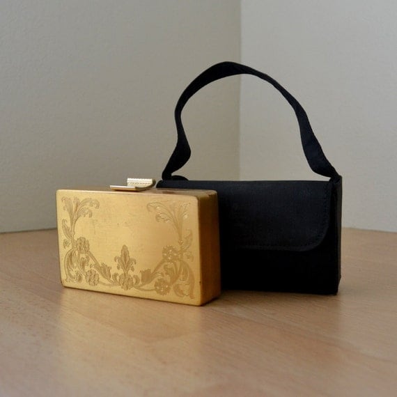 SALE 10% OFF Vintage 40s Elgin American Make-Up Compact Case - Golden Etched with Carry Pouch
