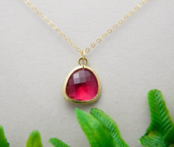 Fuschia Glass Gold Framed Necklace Bridesmaid gifts Wedding Jewelry