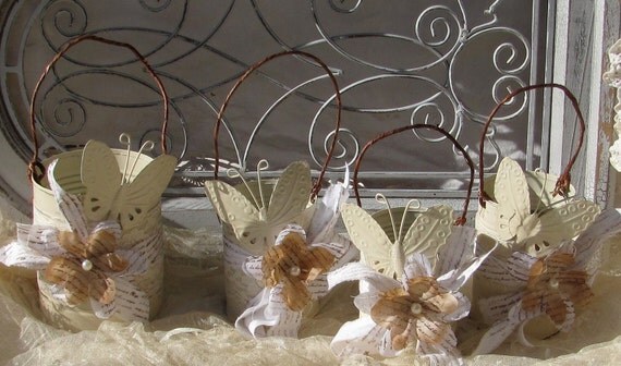 Shabby Chic Tin Cans With Butterflies  Perfect for Wedding Decoration  Set of 4  by My Broken Art on Etsy