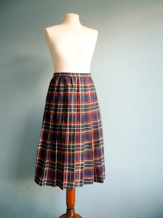 Vintage pleated skirt tartan plaid navy blue multi color medium large
