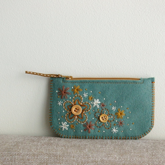Sweet Blossoms: Made To Order Hand Embroidered Wool Felt Coin Purse iPhone Cozy by LoftFullOfGoodies