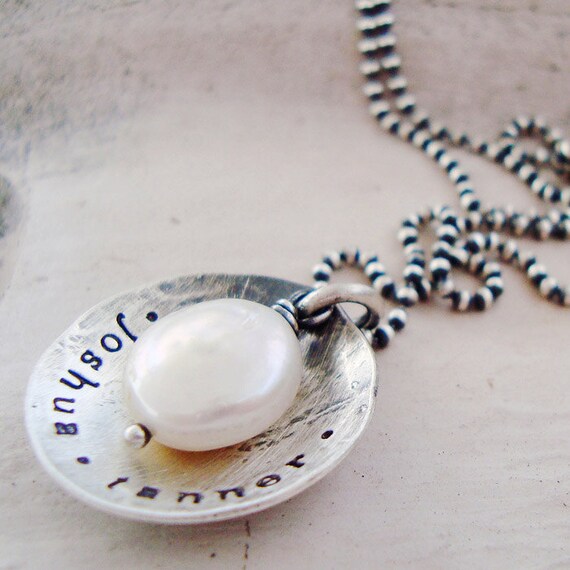 Rustic Hand stamped Personalized sterling silver handwritten freshwater pearl Mothers Necklace