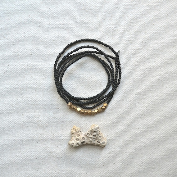 The Tumble Series in Matte Black- Minimal Seed Bead Necklace with Faceted Brass Nuggets