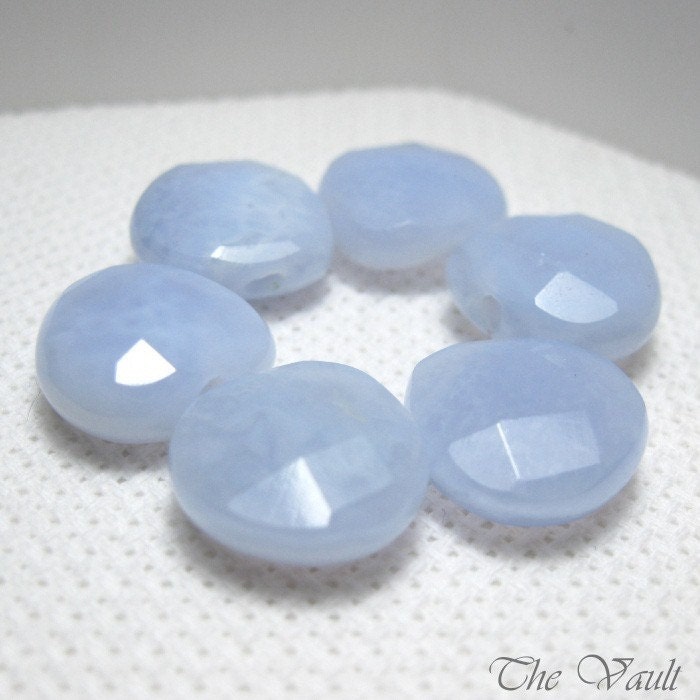 Cloud Blue Chalcedony faceted heart briolettes, 13mm, 6 gemstone briolettes