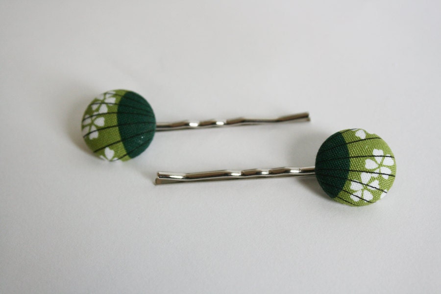 Two Tone Green Vintage Shells --- fabric button hair pins