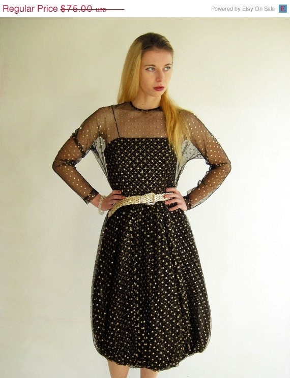 Holiday Sale LBD Party Dress Black Gold Polka Dot by empressjade from etsy.com