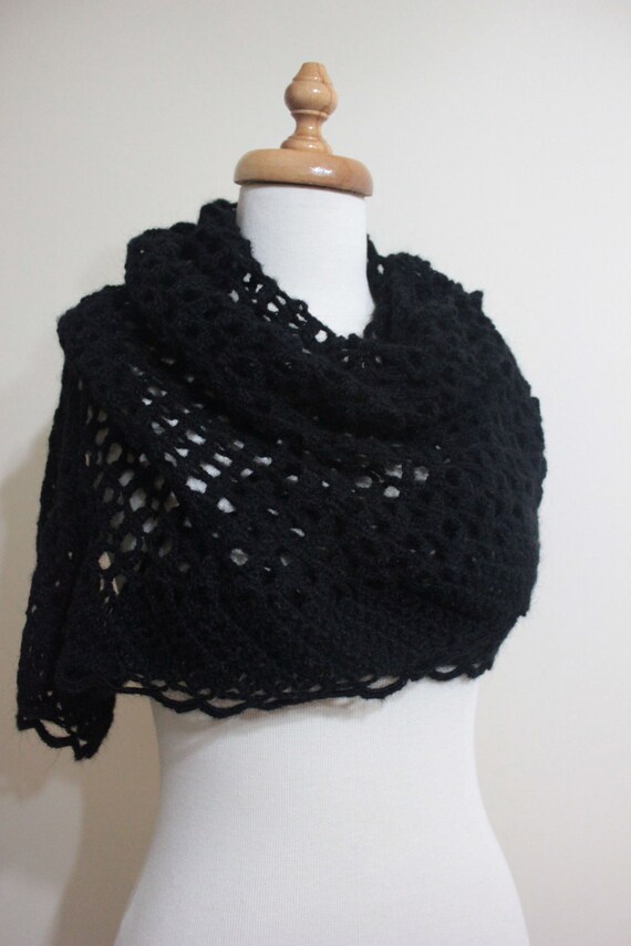 Black Shawl Crochet Triangle Stole Wrap Scarf. Winter Accessories. Office Fashion