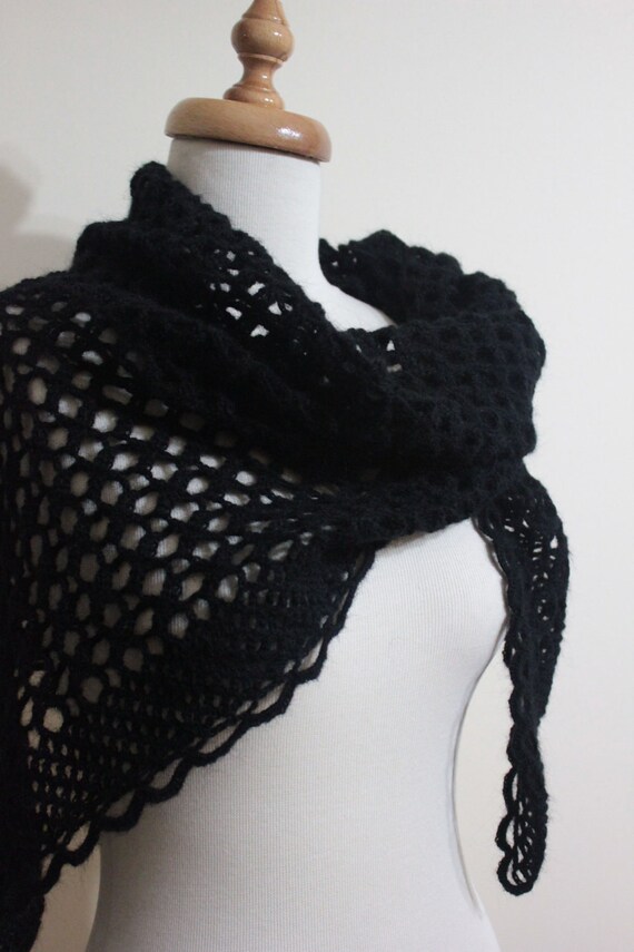 Black Shawl Crochet Triangle Stole Wrap Scarf. Winter Accessories. Office Fashion