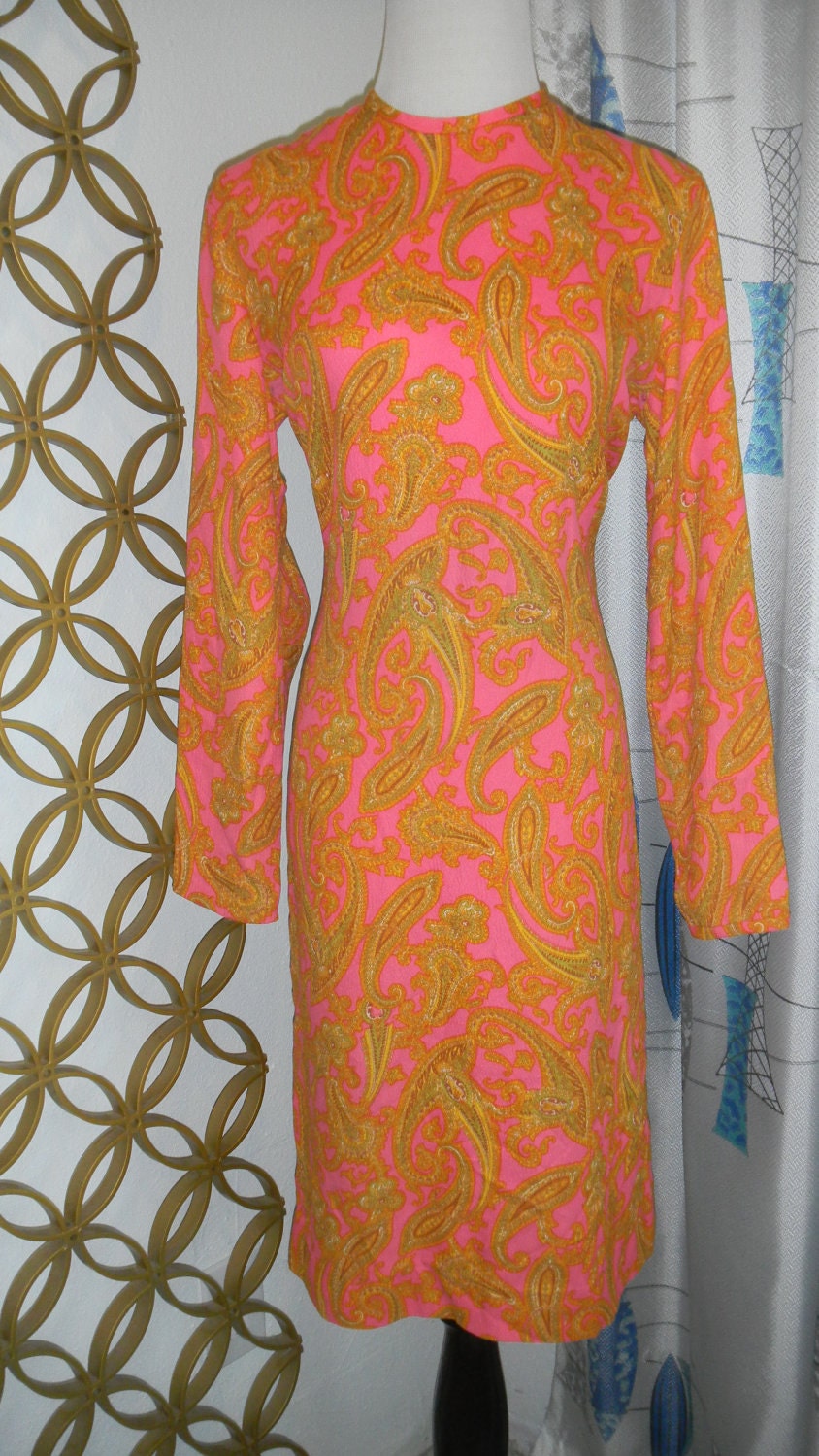 Super Groovy 1960s Vintage Psychedelic Paisley Dress-Hot Pink & Orange