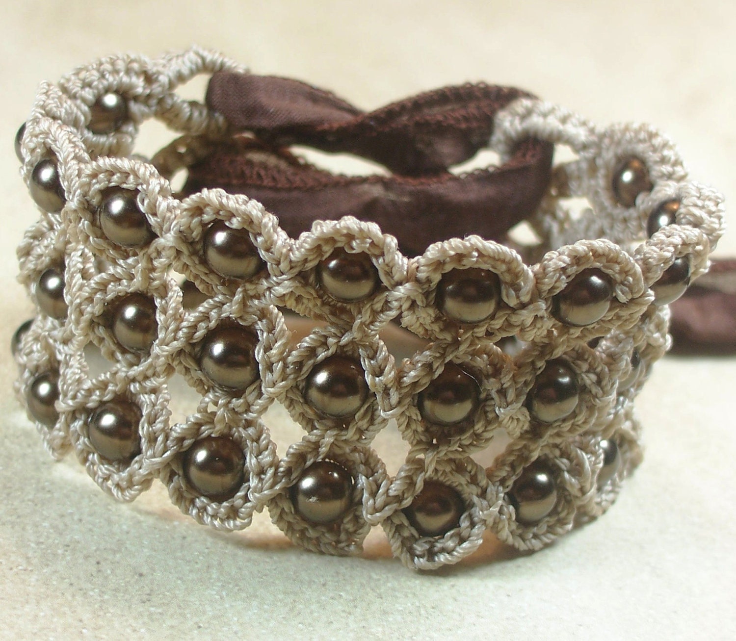 Crochet Jewelry, Bohemian Bracelet or Cuff, Natural brown shades - adjustable