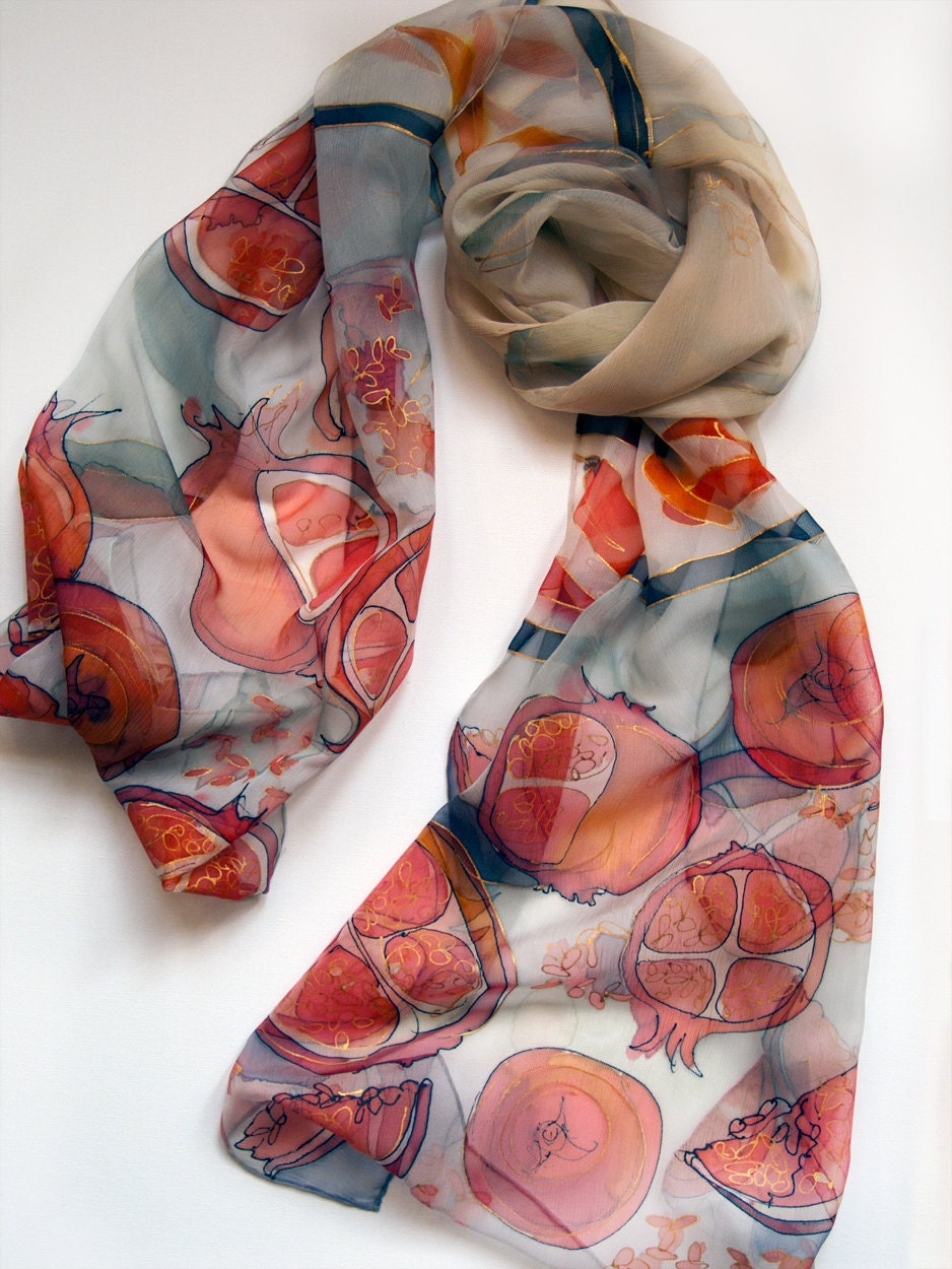 Hand painted scarf  Pomegranates and chilly  FREE SHIPPING