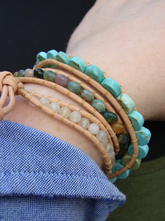 Beaded Leather Wrap Bracelet- Chan Luu style- Turquoise, Jasper
