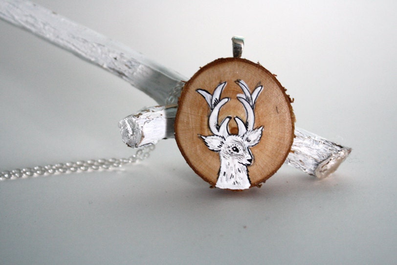 white deer necklace hand painted necklace wooden necklace