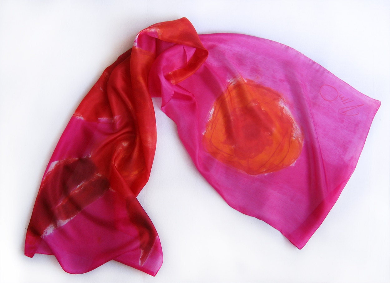 Fire Red and Pink flowers hand painted silk scarf by Dimo FREE SHIPPING