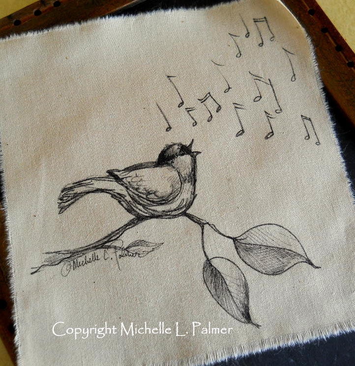 Original Pen and Ink Art Illustration on Tea Stained Muslin Fabric Chickadee Songbird Bird