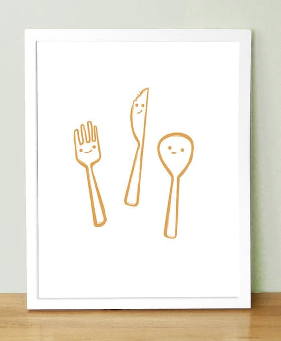 Custom Color Happy Fork Knife and Spoon  Art Print 8x10