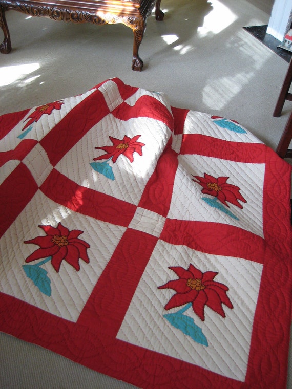 Hand Made Appliqued Poinsettia Christmas Quilt 1950's